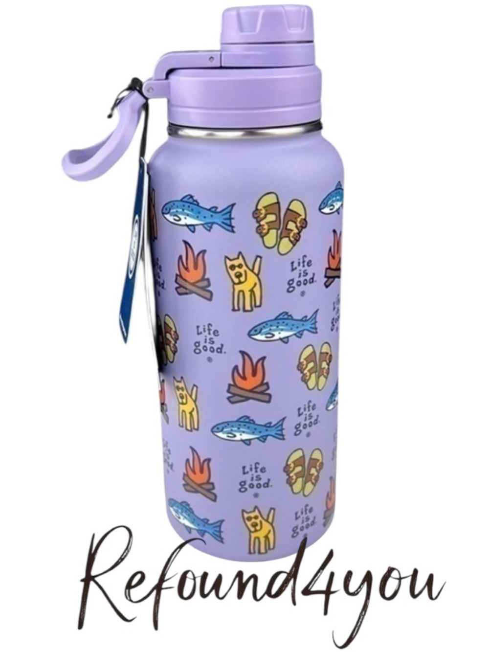 Life is Good - ‘Camp Fire & Fish’ 32oz insulated water bottle. Purple. NWT